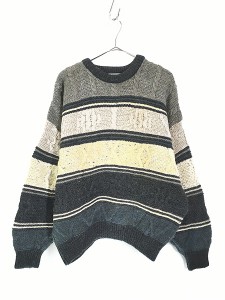 古着 90s Ireland製 Aran Crafts マルチ ボーダー アラン フィッシャーマン ニット セーター M