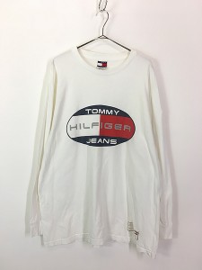 古着 90s USA製 TOMMY JEANS サークル フラッグ ロゴ 長袖 Tシャツ ロンT L 古着