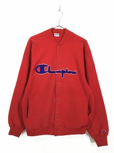 古着 90s USA製 Champion Reverse Weave BIG ロゴ パッチ リバース スナップ カーディガン 赤 L 古着