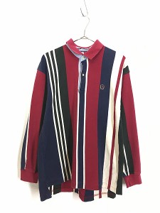 古着 90s TOMMY HILFIGER カラフル マルチ ストライプ 長袖 ポロシャツ ロンポロ L 古着