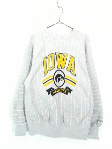 古着 90s USA製 IOWA HAWKEYES ストライプ リバース スウェット トレーナー L