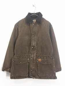 古着 Carhartt 裏地 チェック ブランケット ウエスタンヨーク ブラウン ダック ミドル ジャケット 茶 S 古着