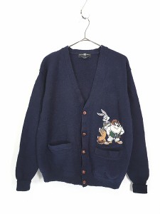 古着 90s LOONEY TUNES キャラクター 刺しゅう ウール ニット カーディガン L 古着