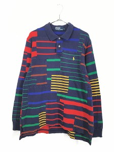 古着 90s Polo Ralph Lauren マルチ ボーダー パッチワーク カノコ 長袖 ポロシャツ ロンポロ L 古着