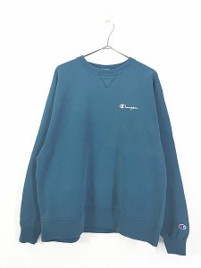 古着 90s USA製 Champion ワンポイント 前V スウェット トレーナー 青緑 XXL 古着