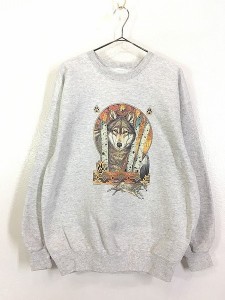 古着 90s オオカミ ウルフ ネイティブ  サークル プリント スウェット トレーナー XL位 古着