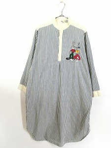 古着 90s LOONEY TUNES キャラクター スタンドカラー ストライプ シャンブレー ロング シャツ S 古着