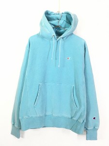 古着 Champion Reverse Weave ワンポイント 刺しゅう リバース スウェット パーカー 水色 M 古着