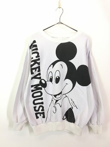 古着 90s USA製 Disney Mickey ミッキー モノクロ 両面 スウェット トレーナー L位 古着