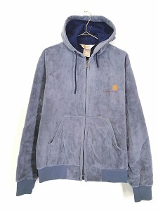 古着 80s USA製 Carhartt ワンポイント 刺しゅう 裏起毛 光沢 ベロア ジップ パーカー M 古着