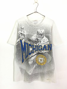 古着 90s USA製 MICHIGAN カレッジ アメフト オールオーバー Tシャツ L 古着