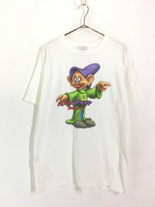 古着 90s Disney 白雪姫 7人の小人 Dopey おとぼけ 「I'M WITH GRUMPY」 Tシャツ L 古着