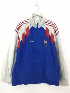 古着 90s adidas 裏地 天竺 「F.F.R」 フランス ラグビー パッチ ナイロン ジャケット M位 古着