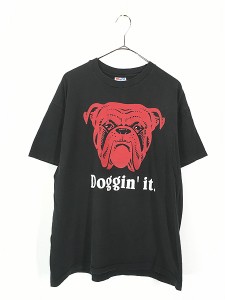 古着 90s USA製 「Doggin’it.」 犬 ブルドッグ BIG プリント 100％コットン Tシャツ 黒 XL 古着