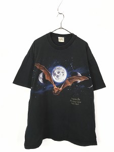 古着 90s コウモリ 月の満ち欠け 両面 アニマル Tシャツ XL 古着