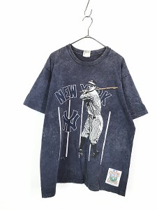 古着 90s USA製 MLB NY Yankees ヤンキース ケミカル ブリーチ Tシャツ L 古着