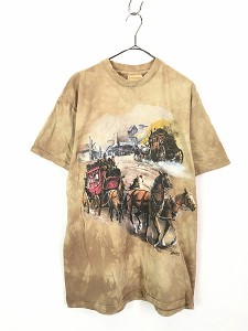 古着 90s USA製 THE MOUNTAIN 馬車 ウエスタン 街並み タイダイ Tシャツ L 古着