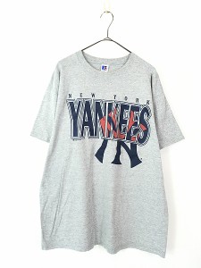 古着 90s USA製 Russell MLB NY Yankees ヤンキース BIG ロゴ プリント Tシャツ XL 古着