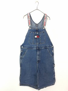 古着 90s TOMMY JEANS 多ポケット ロゴ 刺しゅう デニム ショーツ オーバーオール L 古着