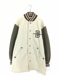 古着 90s BOSS 刺しゅう リブライン アイボリー×オリーブ スタジャン ミドル コート XXL位 古着