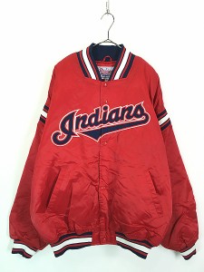 古着 90s STARTER MLB Cleveland Indians インディアンズ 光沢 サテン スタジャン ジャケット XXL 古着