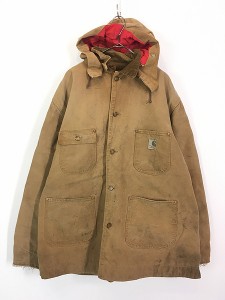 古着 60-70s Carhartt 裏地 ブランケット ブラウン ダック ミシガンチョア カバーオール ジャケット フード完備!! 46 古着