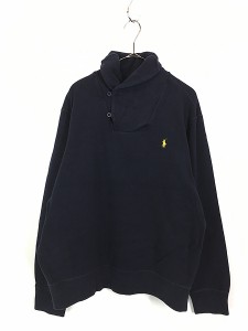 古着 Polo Ralph Lauren ワンポイント ショールカラー ハイゲージ コットン ニット セーター 紺 XL 古着