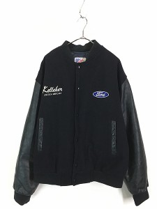 古着 90s Canada製 Ford 自動車 企業 刺しゅう 本革 レザー ウール スタジャン ジャケット 紺×黒 M 古着