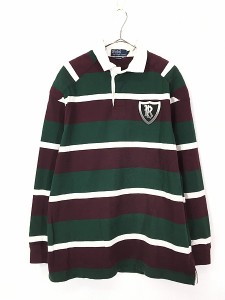 古着 Polo Ralph Lauren Wレッド×緑 太ピッチ ボーダー ラガー ラグビー シャツ L 古着