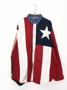 古着 90s TOMMY JEANS デニム 襟 星条旗 フラッグ ナイロン パッチ シャツ XL 古着