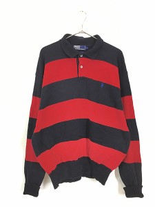 古着 90s Polo Ralph Lauren 太ピッチ ボーダー 襟付き コットン ニット L 古着