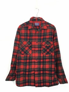 古着 70s USA製 Pendleton タータン チェック 開襟 ボックス ウール シャツ M Long