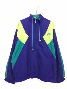 古着 90s NIKE 裏地 天竺 両面 ロゴ 刺しゅう ネオン クレイジー ナイロン ジャケット L 古着