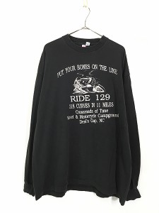 古着 90s USA製 スカル バイク モーターサイクル モノクロ プリント 長袖 Tシャツ ロンT XL 古着