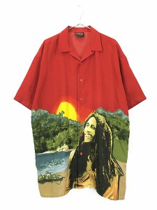 古着 90-00s BOB MARLEY BIG フォト ロック レゲエ 半袖 開襟 チカーノ シャツ L 古着