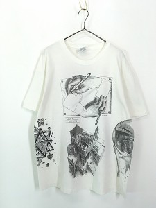 古着 90s USA製 M.C. Escher エッシャー 豪華 マルチ オールド だまし絵 アート Tシャツ L 古着