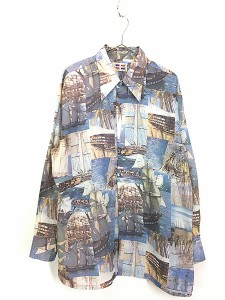 古着 70s TRAFALGAR 船 ヨット 海 マルチ ピクチャー アート ポリシャツ XL 古着