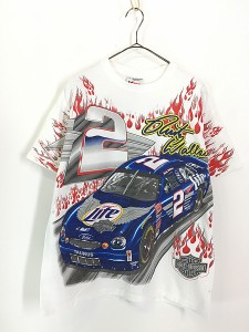 古着 90s USA製 HARLEY DAVIDSON 「Rusty Wallace」 ファイヤー レーシング オールオーバー Tシャツ M 古着