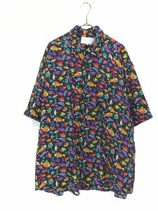 古着 WHITBY 魚 おさかな カラフル フィッシュ 半袖 シルク シャツ XL 古着