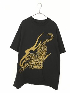 古着 トラ タイガー アニマル ゴールド プリント Tシャツ XL位 古着