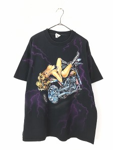 古着 90s USA製 サンダー 美女 モーターサイクル Tシャツ XL 古着