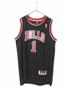 古着 adidas製 NBA Chicago BULLS ブルズ No1 「Derrick Rose」 ストライプ メッシュ タンクトップ XL 古着