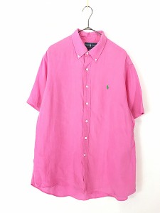 古着 90s Ralph Lauren 「CUSTOM FIT」 ワンポイント ソリッド リネン 半袖 BD シャツ ピンク XL 古着