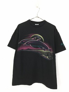 古着 90s USA製 満月 × イルカ グラフィック アート Tシャツ L 古着