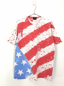 古着 90s USA製 星条旗 フラッグ スプラッシュ ペイント アート オールオーバー Tシャツ L 古着