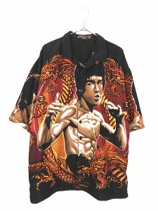 古着 BRUCE LEE ブルース リー カンフー ドラゴン ファイヤー 半袖 開襟 ボックス チカーノ シャツ XL位 古着