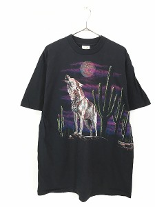 古着 90s USA製 オオカミ ウルフ 巻き プリント Tシャツ XL 古着
