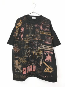 古着 90s USA製 風車 飛行機 電話 機器 設計図 オールオーバー Tシャツ XL 古着