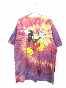 古着 90s Disney Mickey ジャンプ ミッキー カラフル タイダイ Tシャツ L 古着