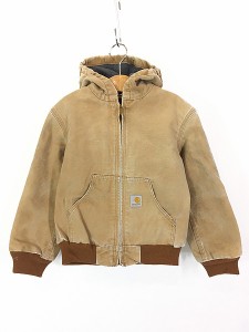 キッズ 古着 Carhartt 防寒 裏地キルティング ブラウン ダック ワーク アクティブ パーカー M 8歳位 古着